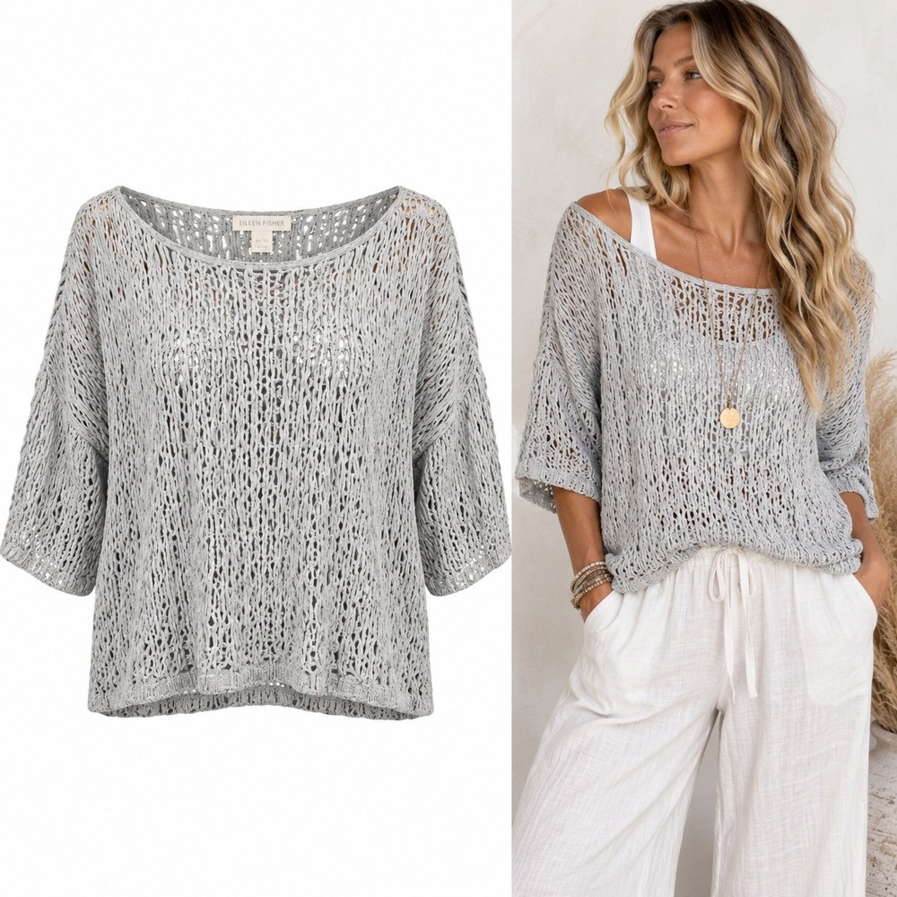 Eileen Fisher Grey White Open Knit Cotton Sweater XL Boat Neck 3/4 Sleeve